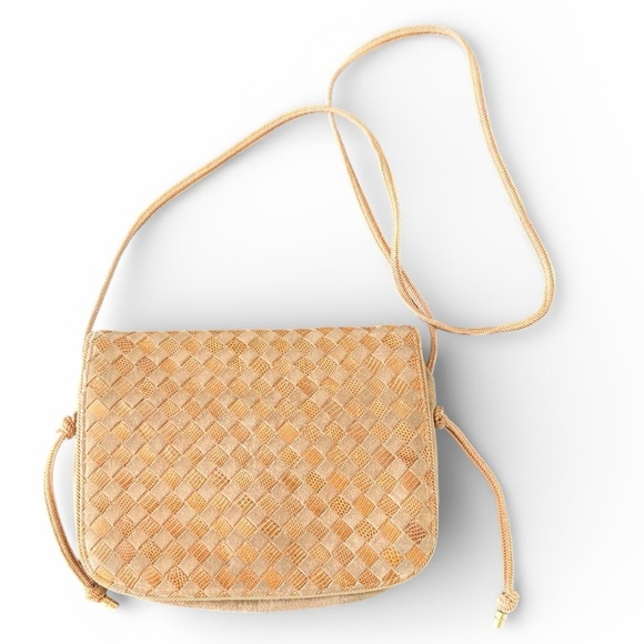 Bottega Veneta Handbags - Bottega Veneta Suede Intrecciato Vintage Tan Woven Crossbody Bag